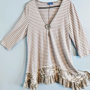 Frilly gray and white striped big button blouse